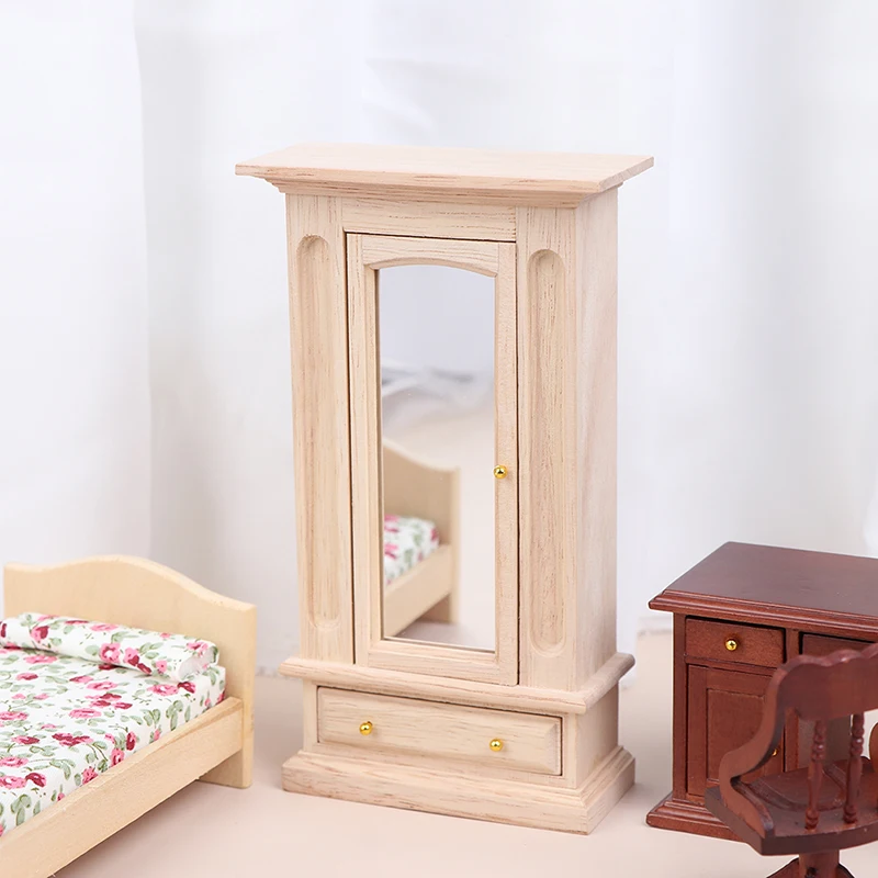 

1:12 Dollhouse Miniature Wood Wardrobe With Mirror Cabinet Furniture Accessories