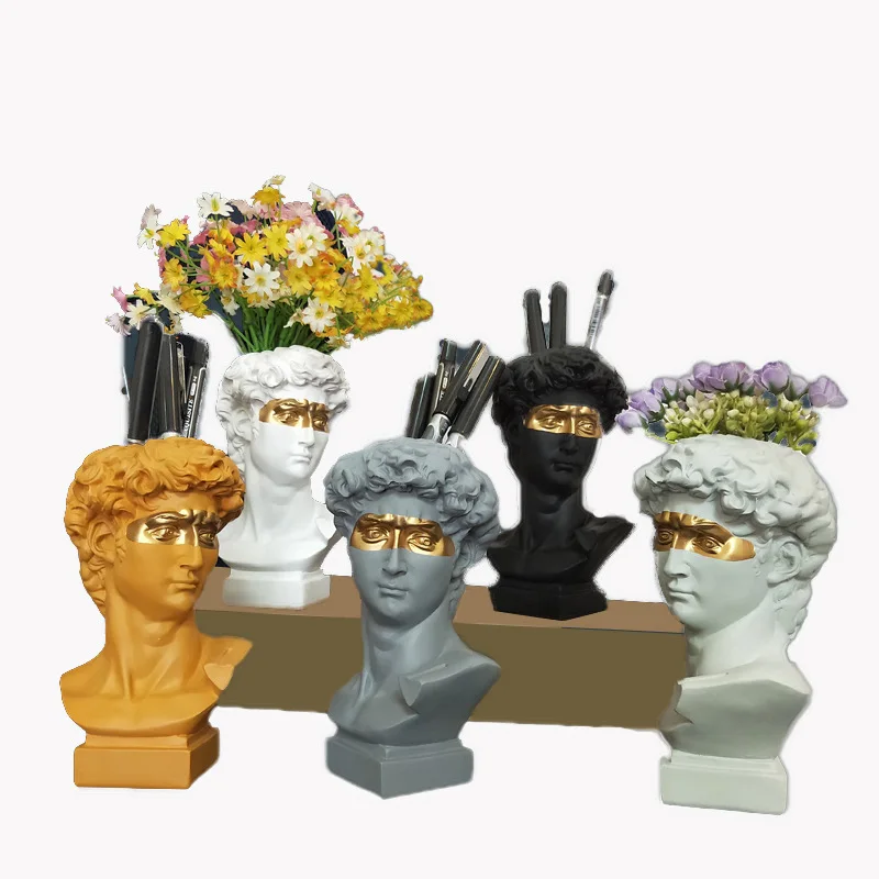 

Resin Plaster Head Vase Blindfolded Pirate David Makeup Brush Pen Holder Storage Box Succulent Flower Jar LivingRoom Decoration