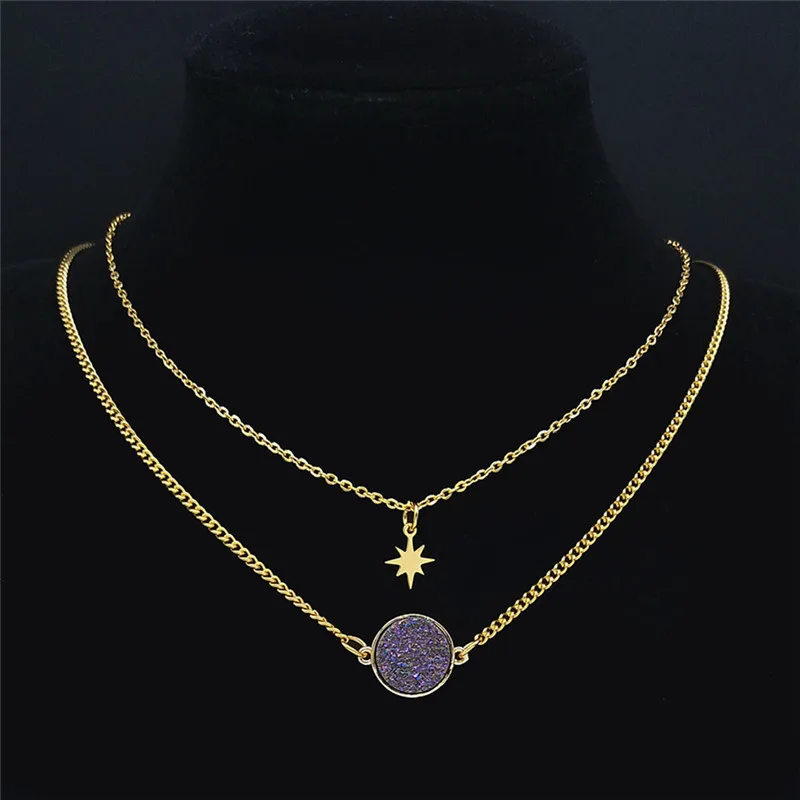 

2PCS Purple Natural Stone Stainless Steel Layer Necklaces Gold Color Star Chain Necklace Jewelry chaine acier inoxydable NS04