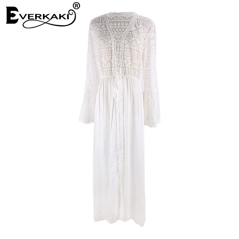 

Everkaki Boho Lace Patchwork Maxi Dress Women with Belt Transparent Vestidos Lady Beach Dresses Female 2020 Autumn New Design