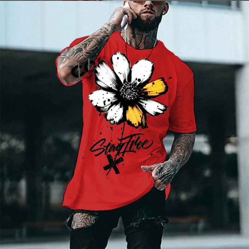 

Summer Men's T-shirt Short Sleeve Harajuku T-shirt Street Wear Large Size T-shirt White Sunflower Print T-shirt