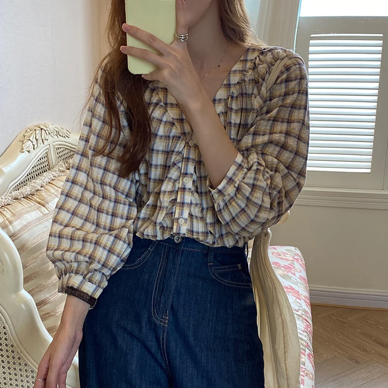 

Vintage V Neck Plaid Blouse Korean Chic Shirts Women Summer Autumn Long Sleeve Blouses Casual Tops blusas mujer
