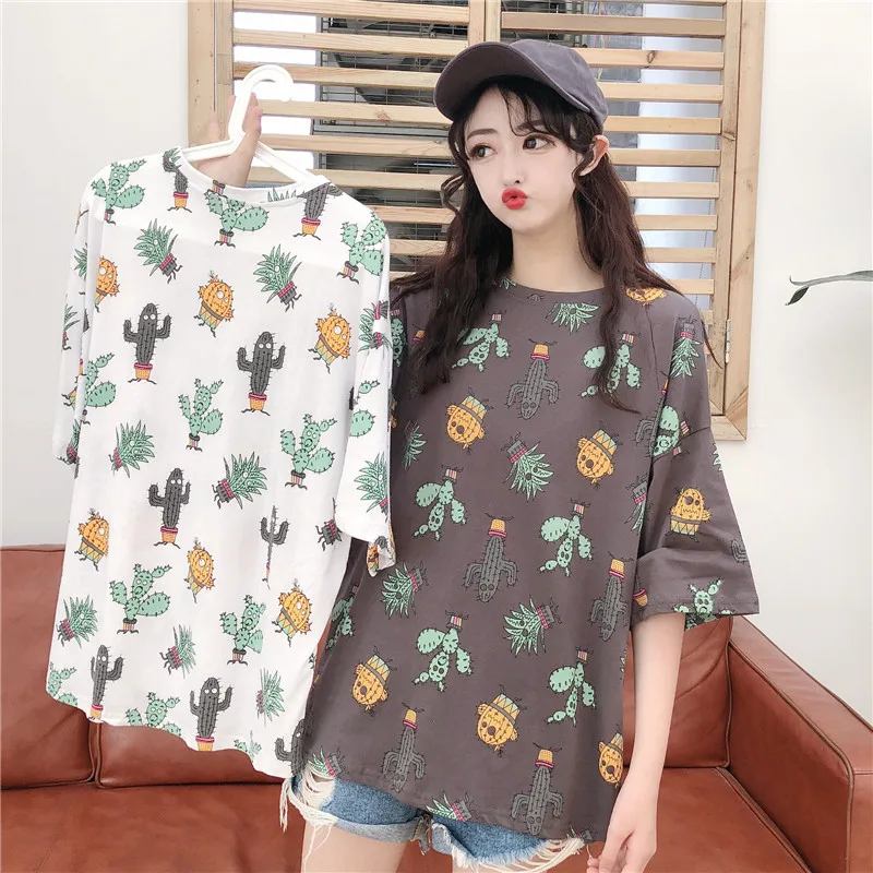 Летняя Хлопковая женская футболка с принтом кактуса козы коротким рукавом