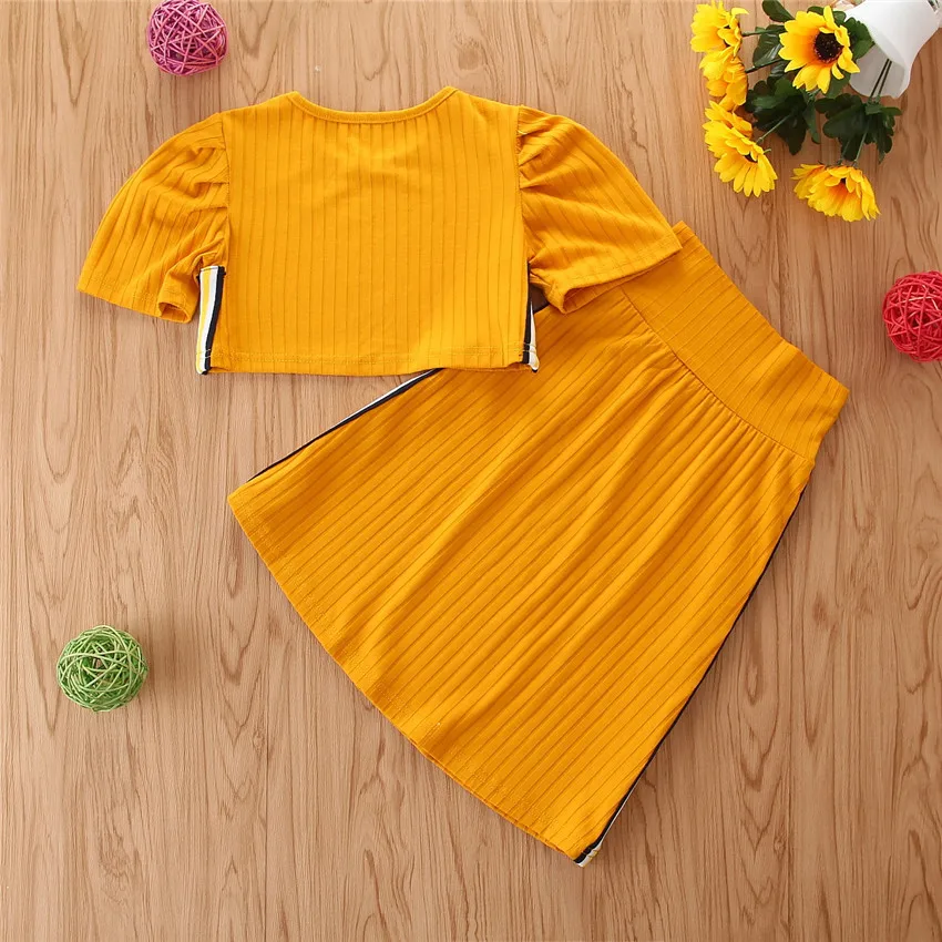 

fashion kids baby girls summer half sleeve tops t shirts skirt solid stripe toddler costume children clothing set 2pcs12M-5Y
