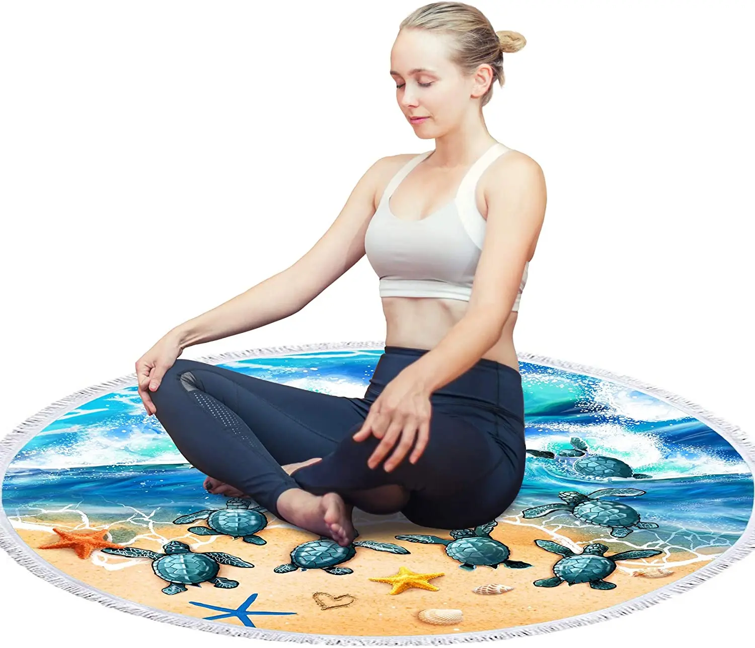 구매 분재 나무 거북이 해변 담요 바다 거북이 라운드 비치 타월 담요 술 바다 마이크로 화이버 서클 요가 매트 명상 카펫