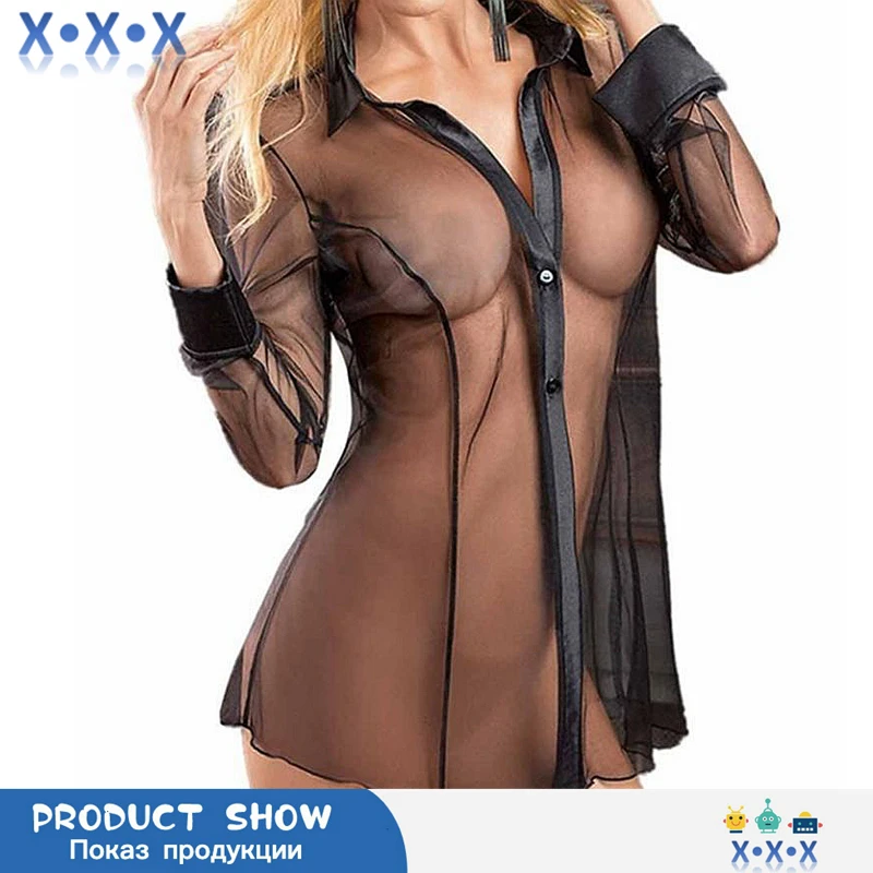 

Women Button Lingerie Dress Transparent Clubwear Stripper Long Sleeve Blouse New