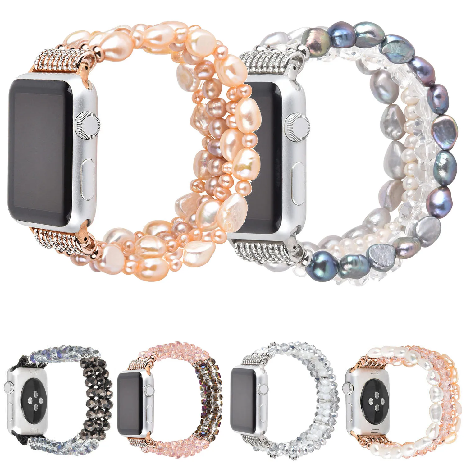 Фото Браслет из натурального жемчуга для Apple Watch Band 40 41 мм 44 45 мм Женский браслет с кристаллами для серии 9 8 7 6 SE 5 4 3 iWatch Strap №1
