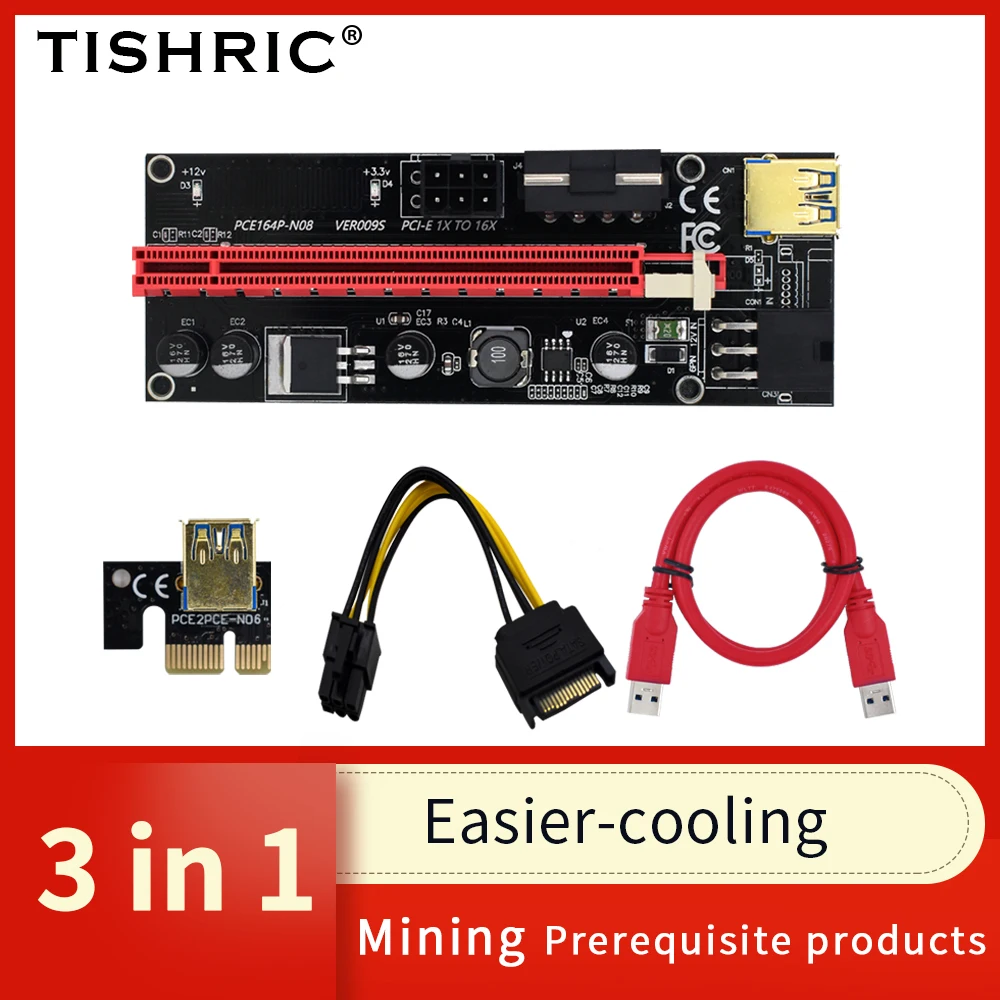 

1-10 шт. TISHRIC 3 в 1 PCIE Riser 009S Майнер источник питания USB3.0 кабель Райзер PCIE x16 Экспресс расширения Райзер карта для майнинга