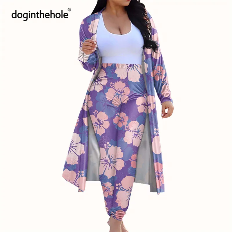 

2021 Autumn Stylish Long Sleeve 2 Piece Set for Women Purple Polynesian Hibiscus Design Cardigan Bodycon Leggings Pants Outfits