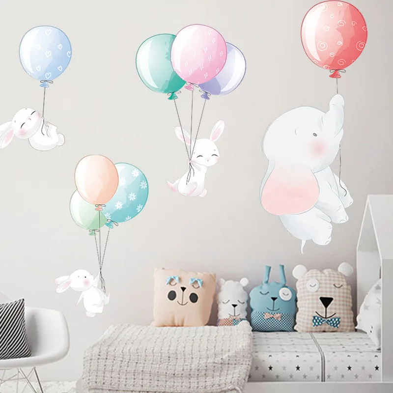 

Cartoon Baby Elephant Wall Stickers Rabbit Balloon Wall Decals Baby Nursery Decorative Stickers Kids Room Living Room Home Decor