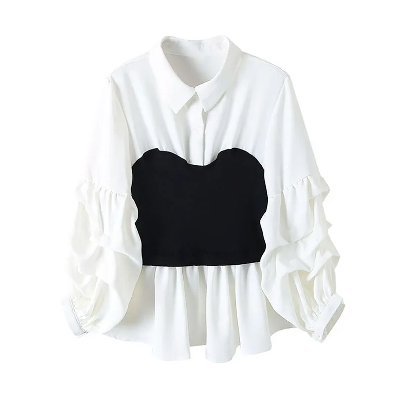 

2021 Spring Autumn Korean Style New Slimming Shirt Retro Hong Kong Style Blouse Fashionable Stitching Elegant Lady Top