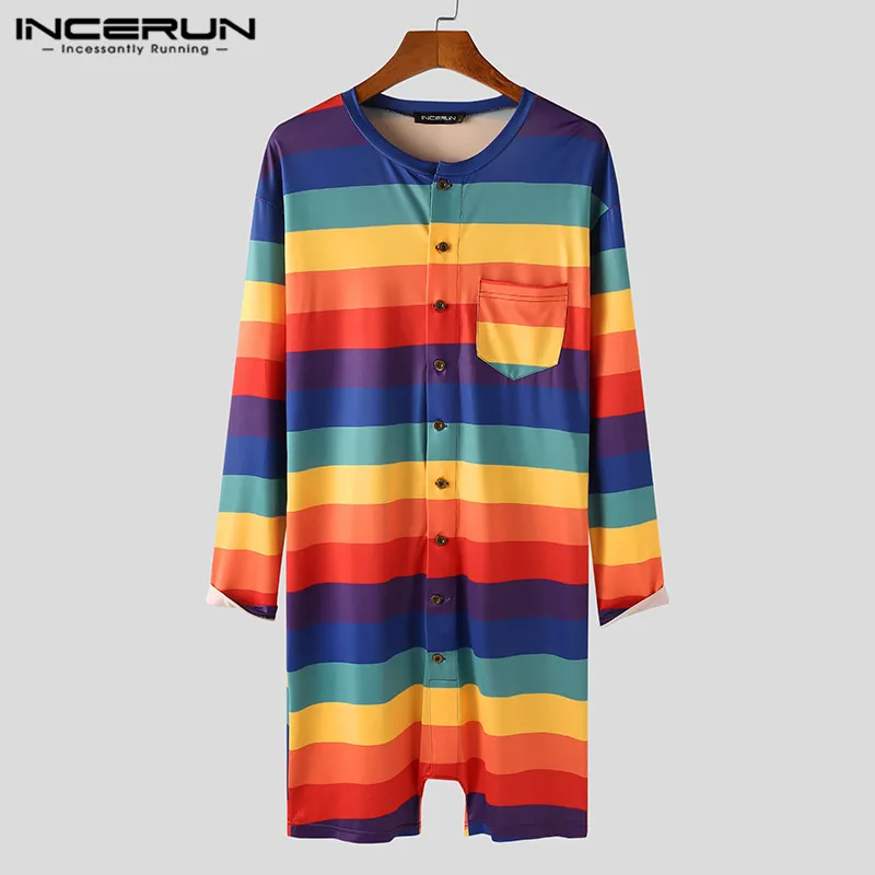 

Long Sleeve O Neck Buttons Homewear Jumpsuits INCERUN Men Colorful Striped Romper Pajamas Male Fitness Sleepwear Overalls 5XL 7