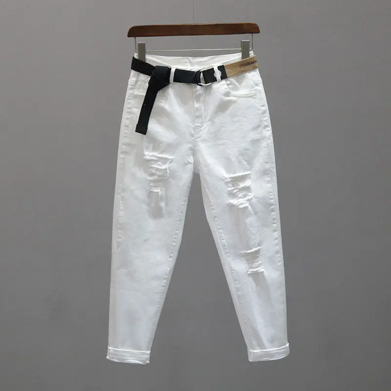 

Jeans High Waist Women's White Spring Autumn 2021 New Thin Embroidered Jeans Loose Stretch Ankle Length Female Hole Pants Retro