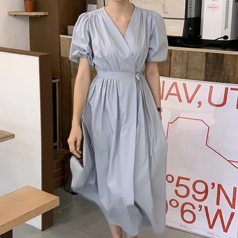 

Chic French Style V-neck Preppy Medium Long Women Dress Summer Puffy Short Sleeves Popular Dress