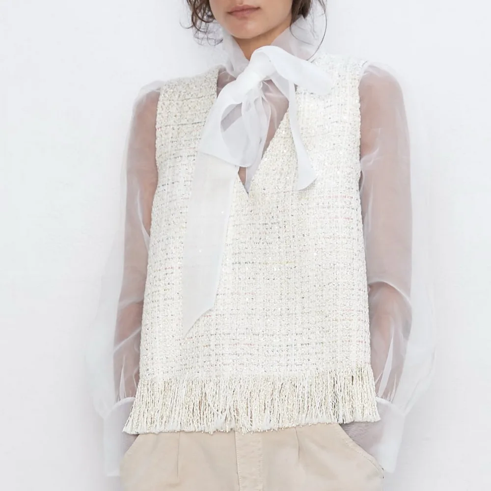 2019 ZA Женская мода твидовый костюм с контрастной органзы Лоскутные женские