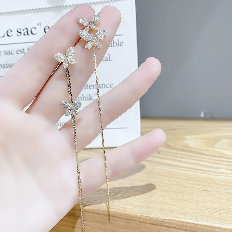 

2021 New Arrival Cubic Zircon Butterfly Stud Earrings For Women Luxury 14K Real Plated Long Tassel Earrings