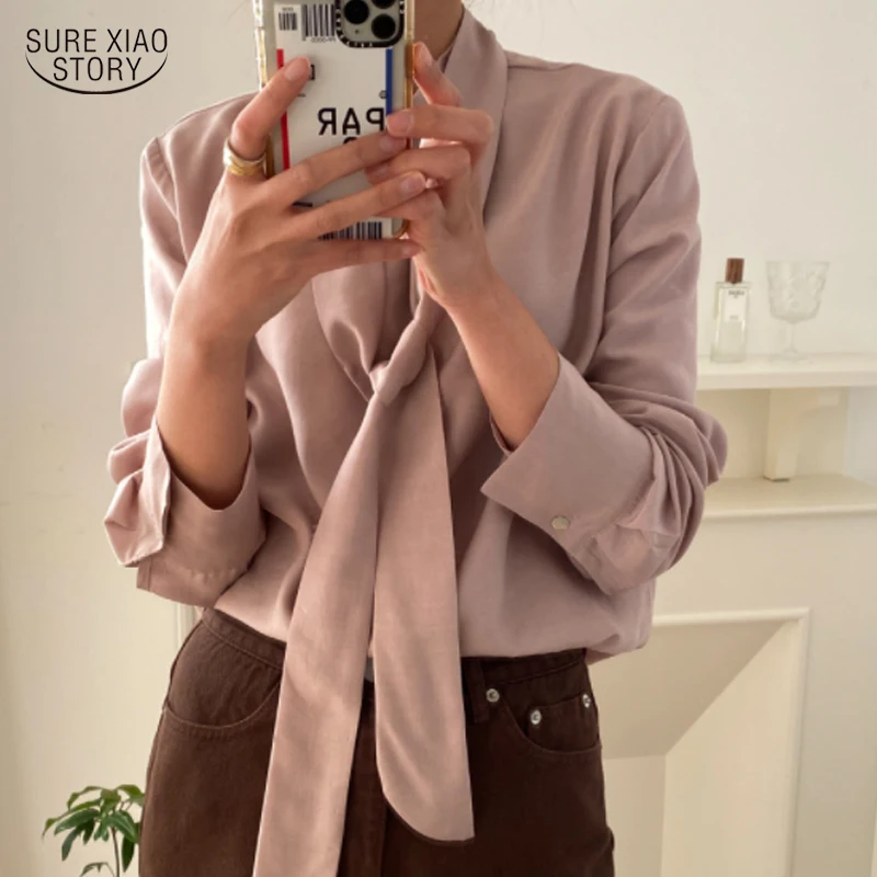 

2021 Bow Tie Clothes Korean Fashion Chic Tops Casual Loose Blouse Office Lady Long Sleeve Shirt Women Blouse Blusas Blouse 16723