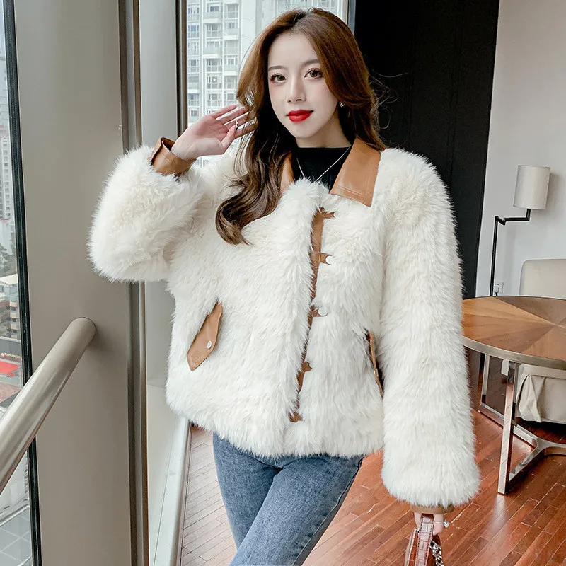 Korean Version Fashion Fur Leather Stitching Coat Women Locomotive Streetwear Lapel Imitation Fox Fur Short Coat Female LR2247