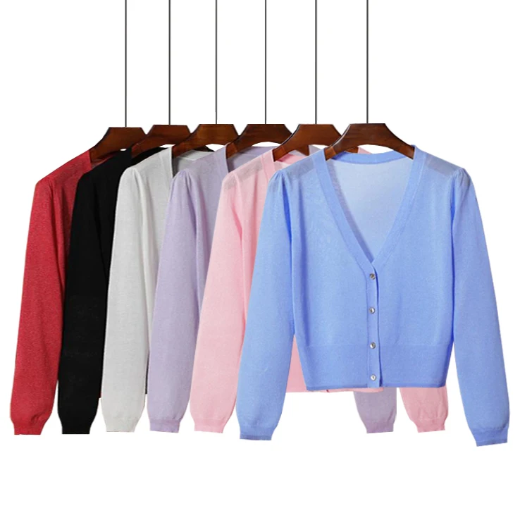 Short Knitted Cardigan Coat Women Summer V Neck Long Sleeve Ice Silk Thin Knit Outwear Single Breasted Casual Jumper Tops Female