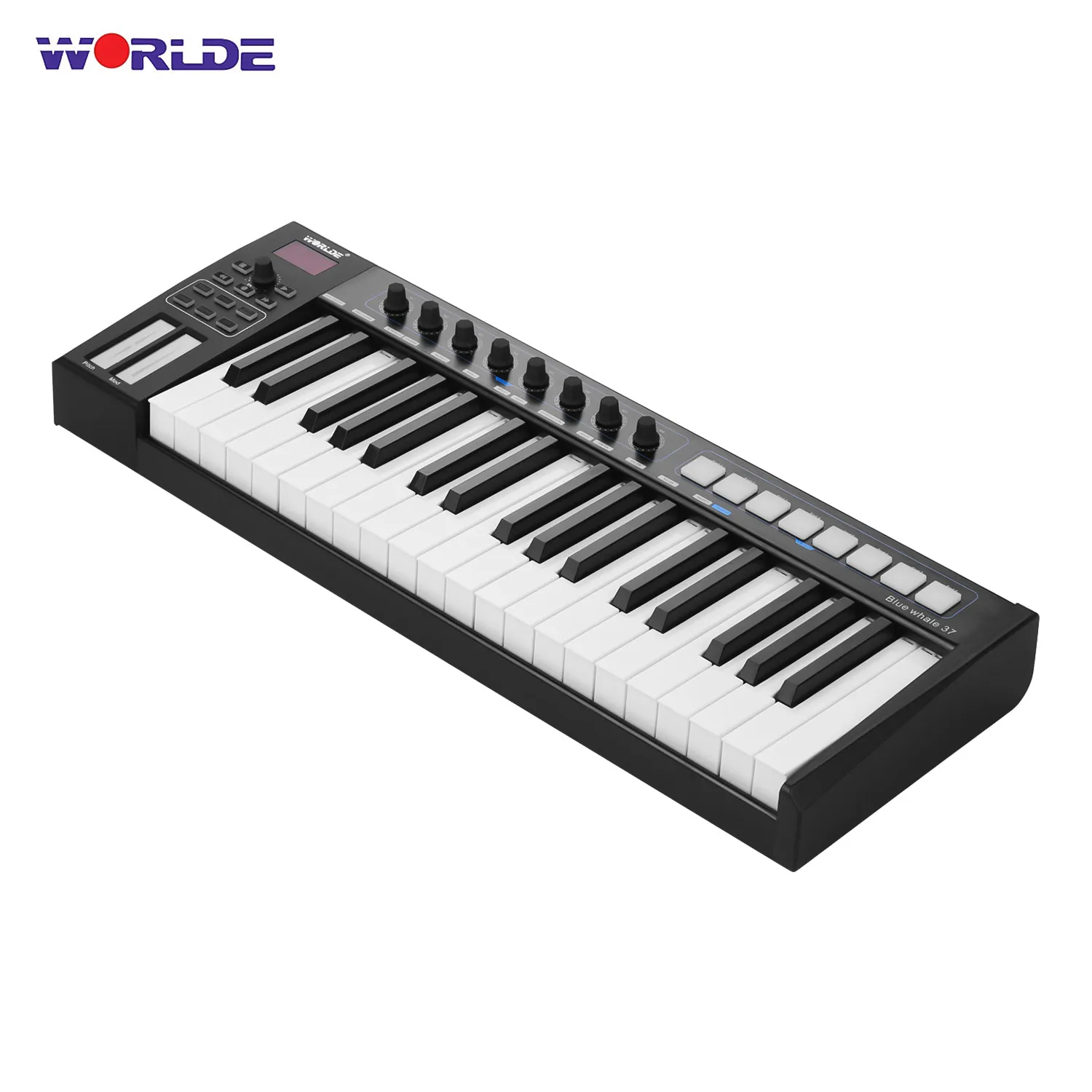 

WORLDE Blue whale 37 USB MIDI Controller Keyboard 37 Semi-weighted Keys 8 RGB Backlit Trigger Pads LED Display