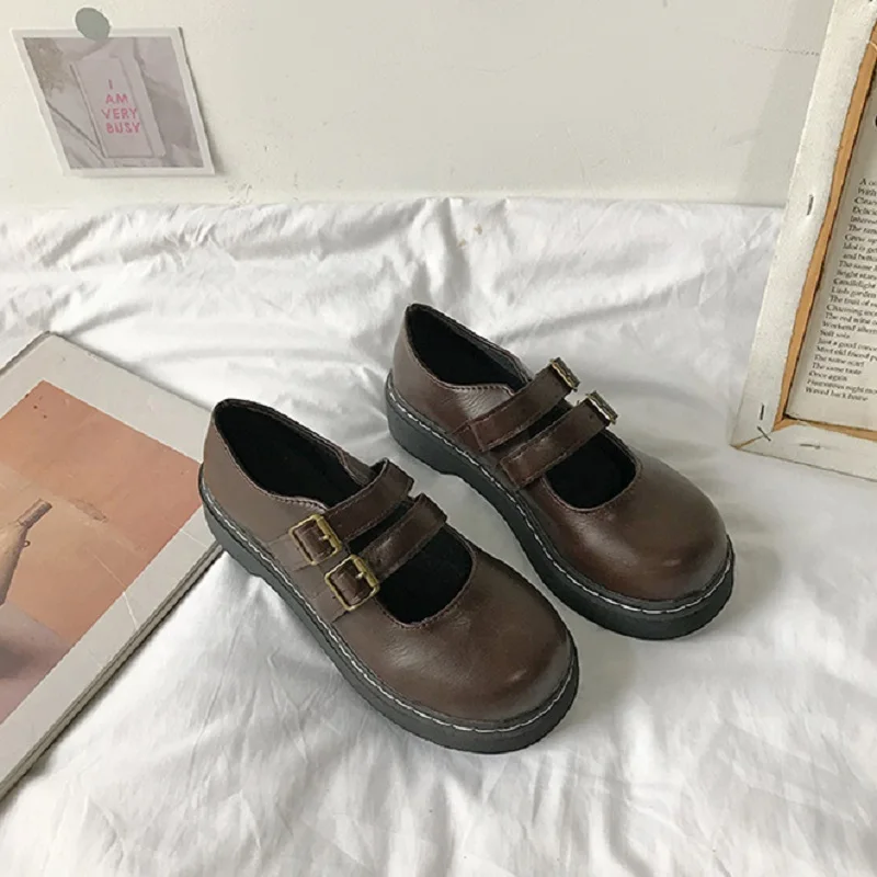 Новинка 2020 японские туфли на плоской подошве с круглым носком и пряжкой модные