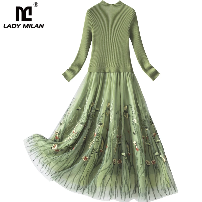 

Женское платье с круглым вырезом и длинными рукавами, вязаный лиф с вышивкой в стиле пэчворк, зеленое модное Повседневное платье, платья
