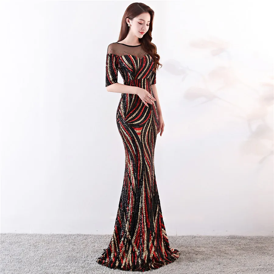 Вечернее платье с круглым вырезом It's Yiiya DX331 расшитое блестками юбкой годе