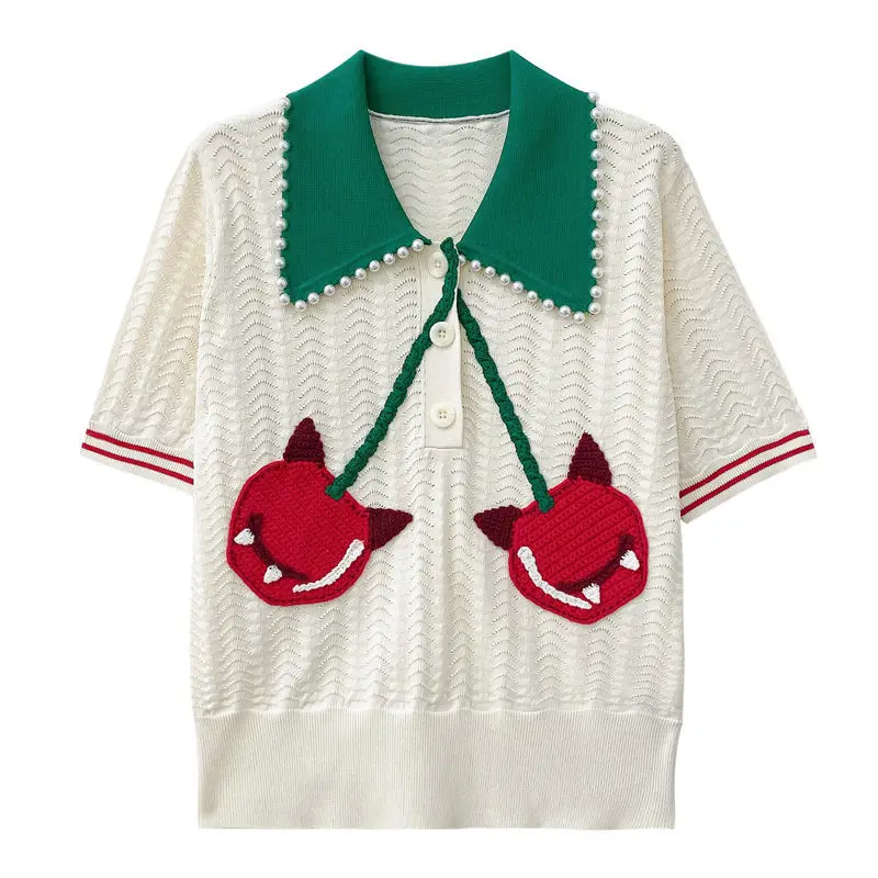 

2021 summer women's top baby collar knitted cardigan thin short sleeve Korean pin bead bottomed blouse