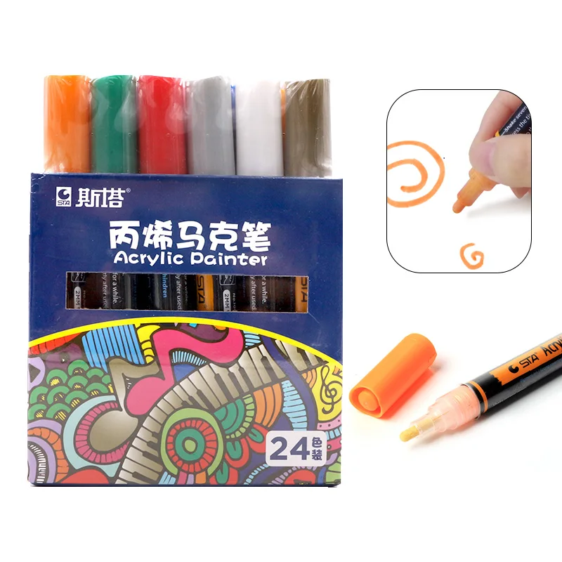 STA 12/24 Colors 2mm Acrylic Paint Marker pen Art Marker Pen for Ceramic Rock Glass Porcelain Mug Wood Fabric Canvas Painting