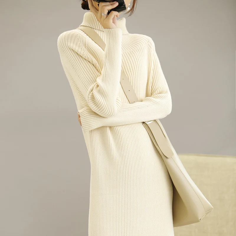 Wide strip long sweater skirt knit base thickening with coat 2019 autumn and winter models high collar elastic warm | Женская одежда