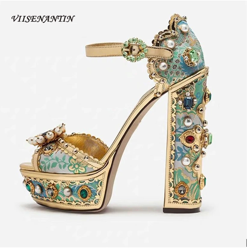 

Fashion Retro Waterproof Platform Fish Mouth Rhinestone Gem Flower Word with Diamond Buckle Thick Heel Banquet Fashion Sandals
