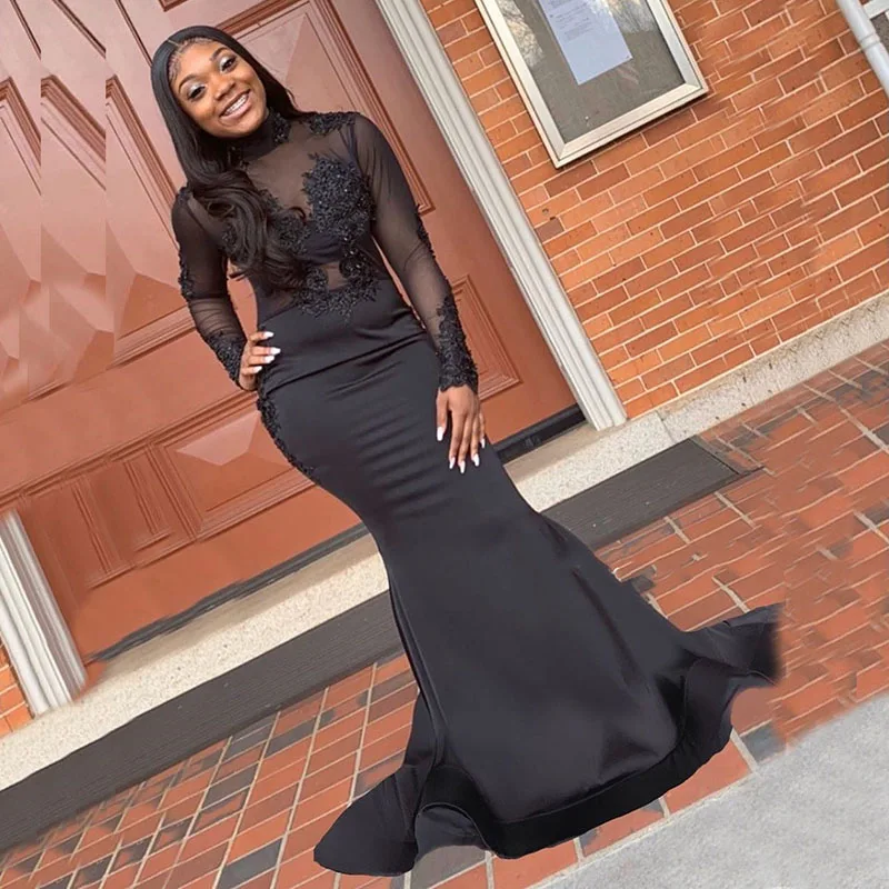 

2022 African Black Mermaid Evening Dresses Sheer Long Sleeves High Neck Lace Appliques Satin Prom Party Gown Robe De Soiree