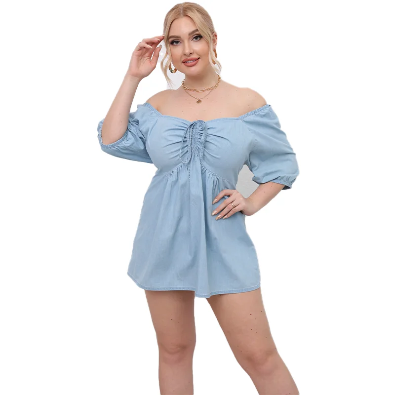 

Bandage Square Collar Light Blue Plus Size Top Women Clothing New Short Sleeve Solid Shirring Loose Peplum Top Daily Casual Wear