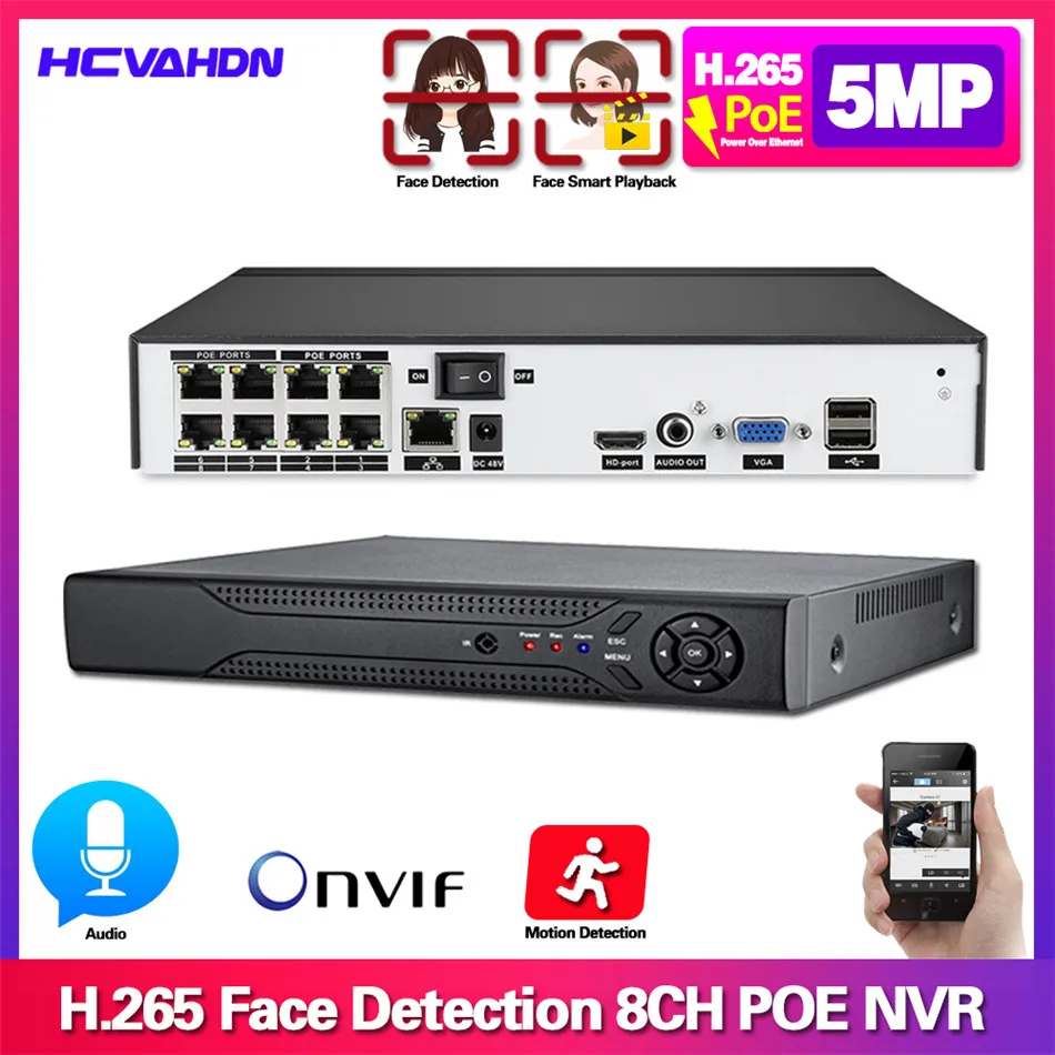 Обнаружение лиц Plug and Play H.265 5MP 2592*1944 8CH 48В POE NVR аудио наблюдение безопасности Видео