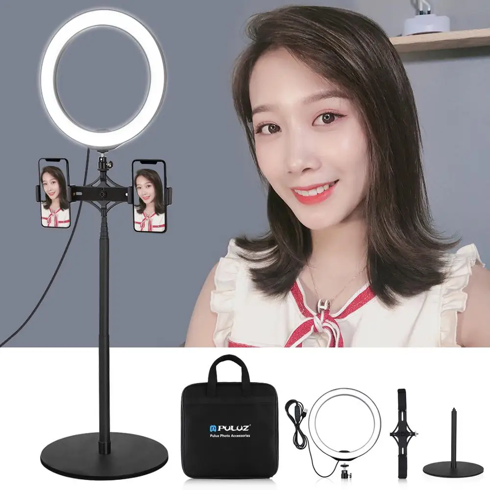 

PULUZ 10.2 inch LED Selfie Ring Light&Live Broadcast Dual Phone Clamp&Tripod Stand Vlogging Video Light Kits For YouTube Blogger