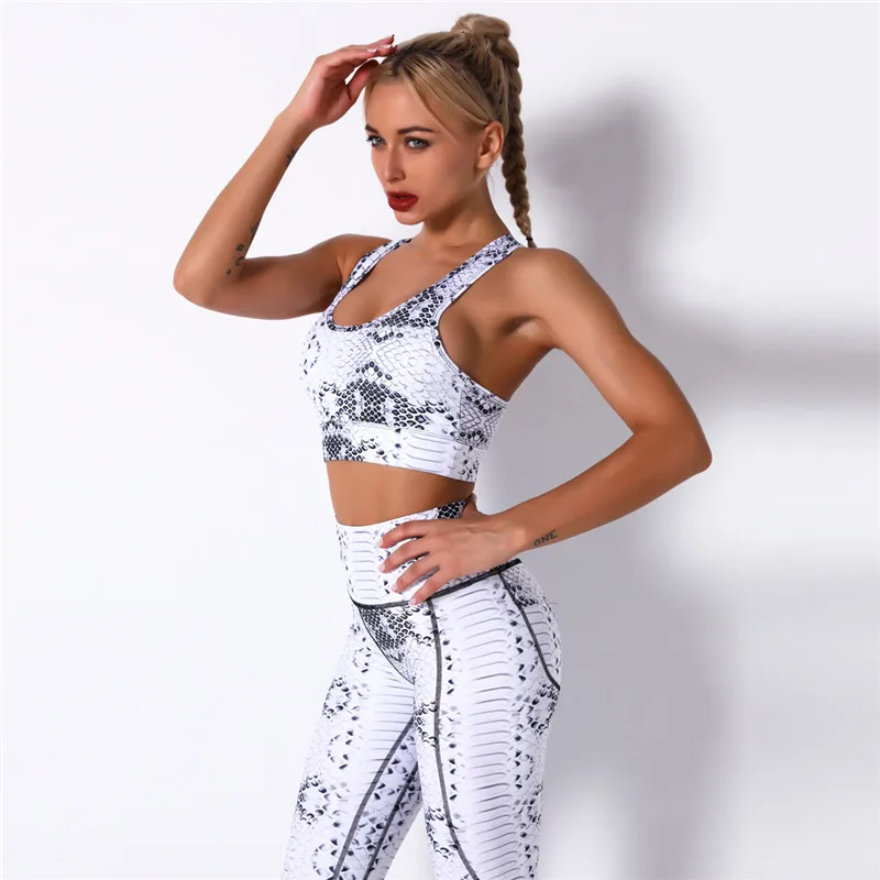 Комплект Для Йоги Женский со змеиным принтом с карманами и бюстгальтером для