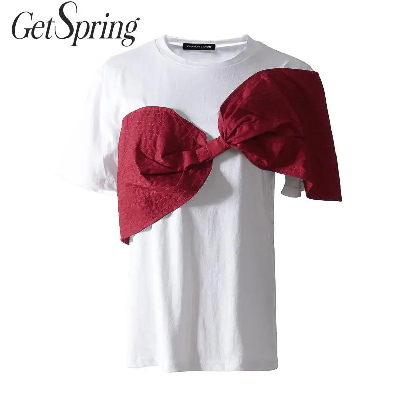 Getвесенняя женская футболка хлопковые белые футболки с большим бантом коротким