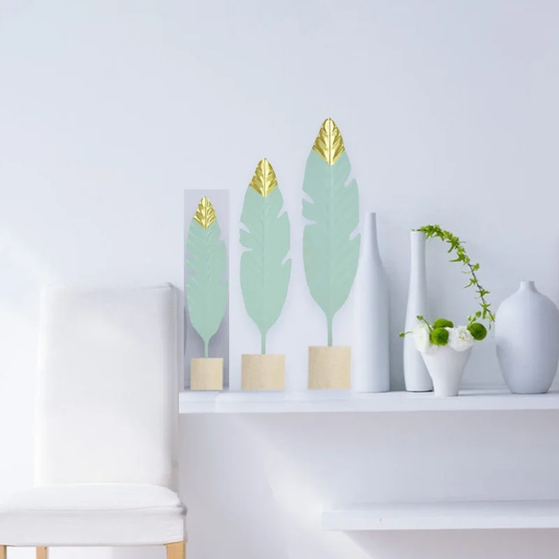 

1Pc Mint Green Iron Leaf Feather Art Furnishing Golden Tip Wooden Base Ornament For Wedding Birthday Home Desktop Decor Supplies
