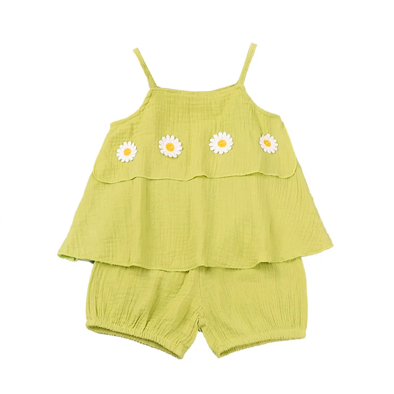 

2-7Y Summer 2021 Kids Girls Clothes Sets 2Pcs Set Little Daisy Solid Sleeveless Strap Vest Tops + Short Pants Casual Clothing