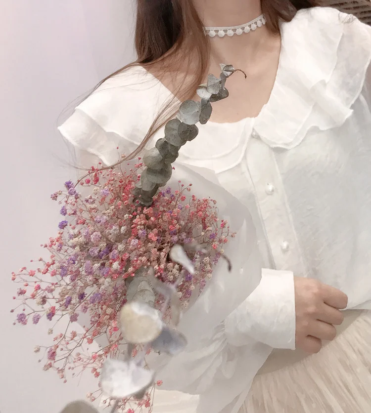 Шикарная мягкая рубашка с гофрированным кукольным воротником свободная длинным