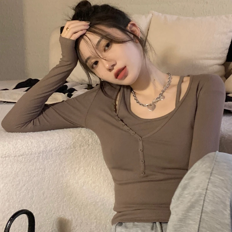 

T-shirt Women's Irregular Short Slim Long Sleeve Bottoming Shirt 2021 Spring New Tights Two-piece Suit
