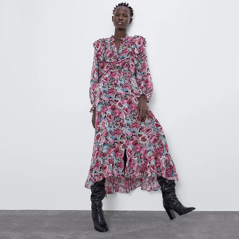 ZA Новое платье 2019 осеннее женское модное с v-образным вырезом и длинными рукавами