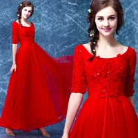 flowers sequined robe de soiree cap sleeve evening dress 2015 vestido longo red lace half sleeve long prom dresses formal gown