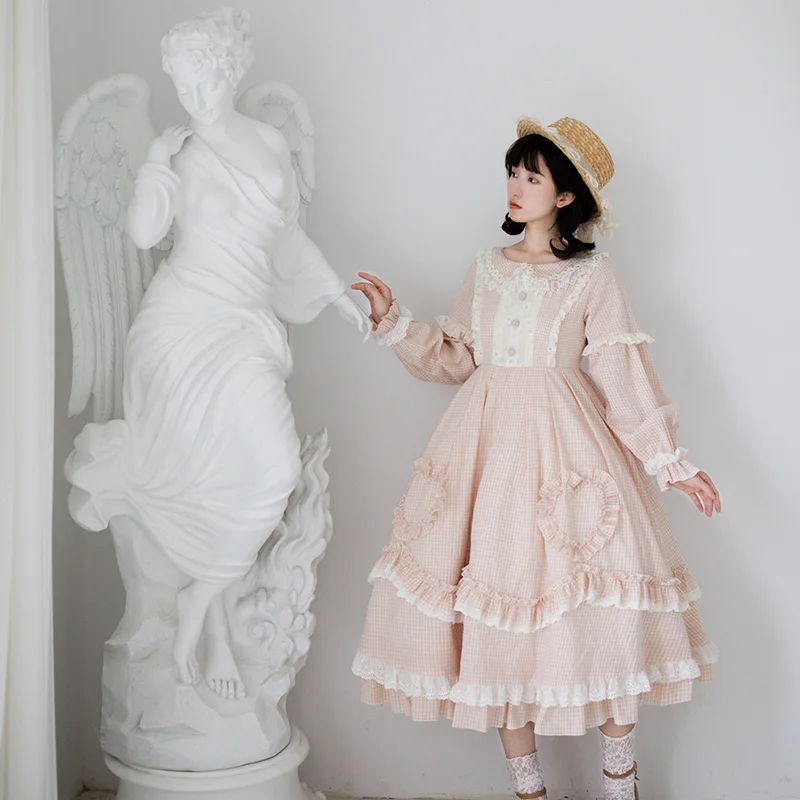Розовое клетчатое платье лолиты женское в викторианском стиле карнавальный