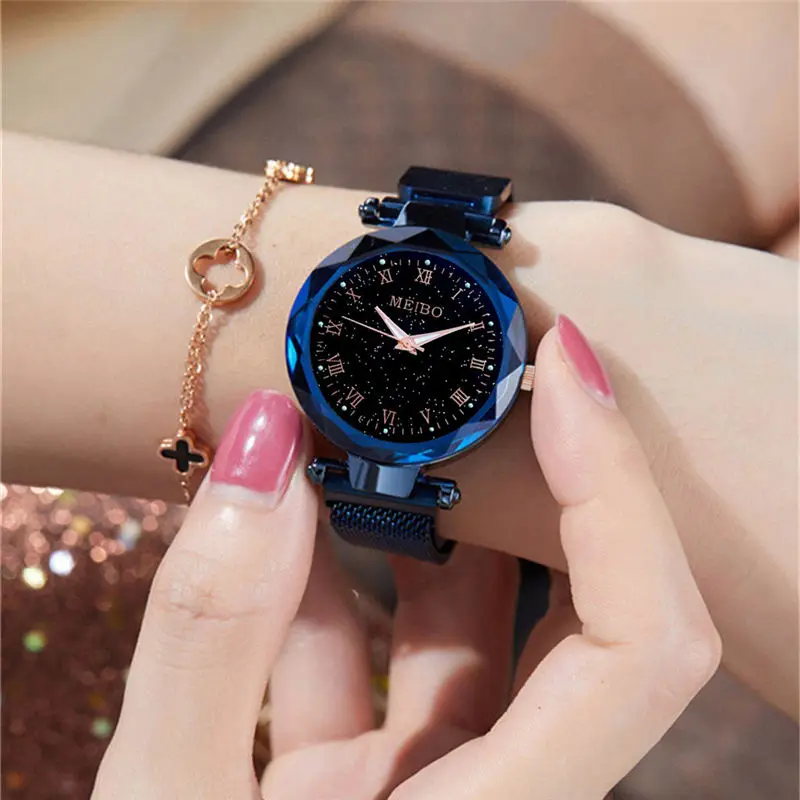 Женские наручные часы reloj mujer розовое золото магнитные кварцевые звездного неба