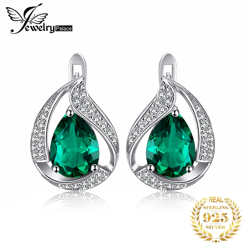 JewelryPalace Груша 3.7ct Создан Зеленый Nano России Изумрудный Клип На Серьги Твердые