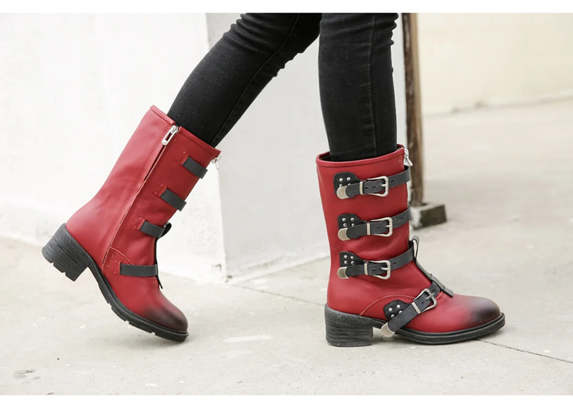 

Martin Boots British Style Retro Old First Layer Cowhide Color Matching MAO Rivet Belt Buckle Zipper Mid-heel Knight Boots