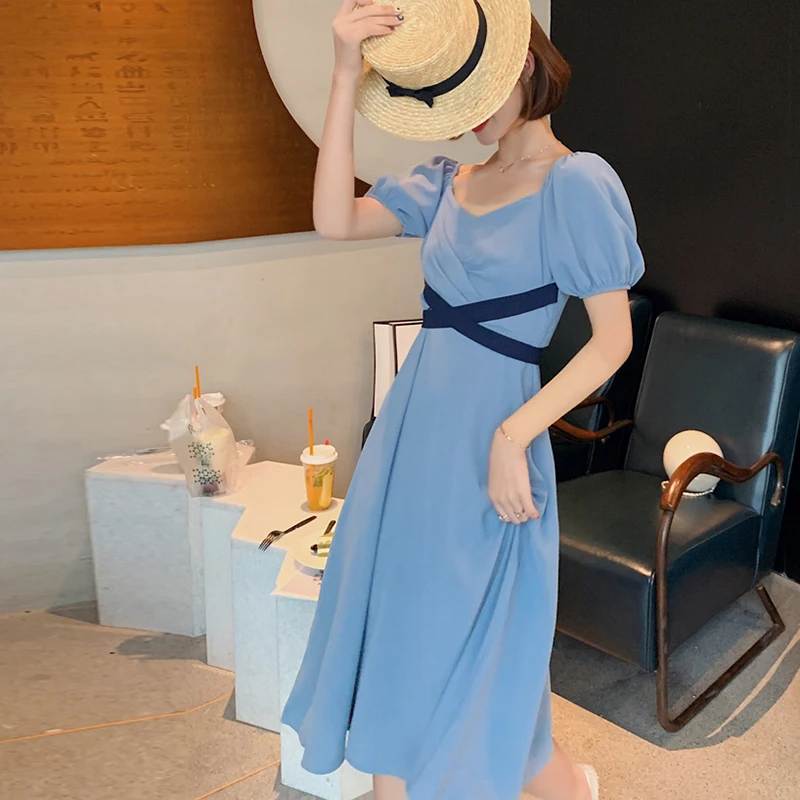 Приталенное платье миди летние французские корейские модные ретро платья с
