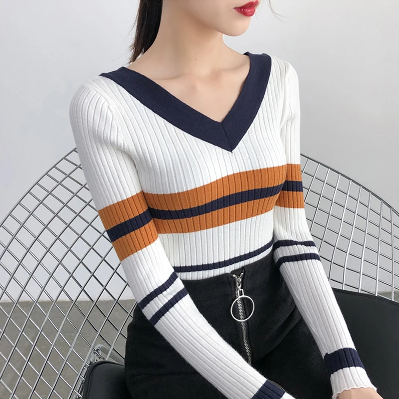 

Autumn and Winter V-neck Tight Women's Sweater Slim Fit Versatile Long Sleeve Inner Wear Western Style Color Matching Bottoming