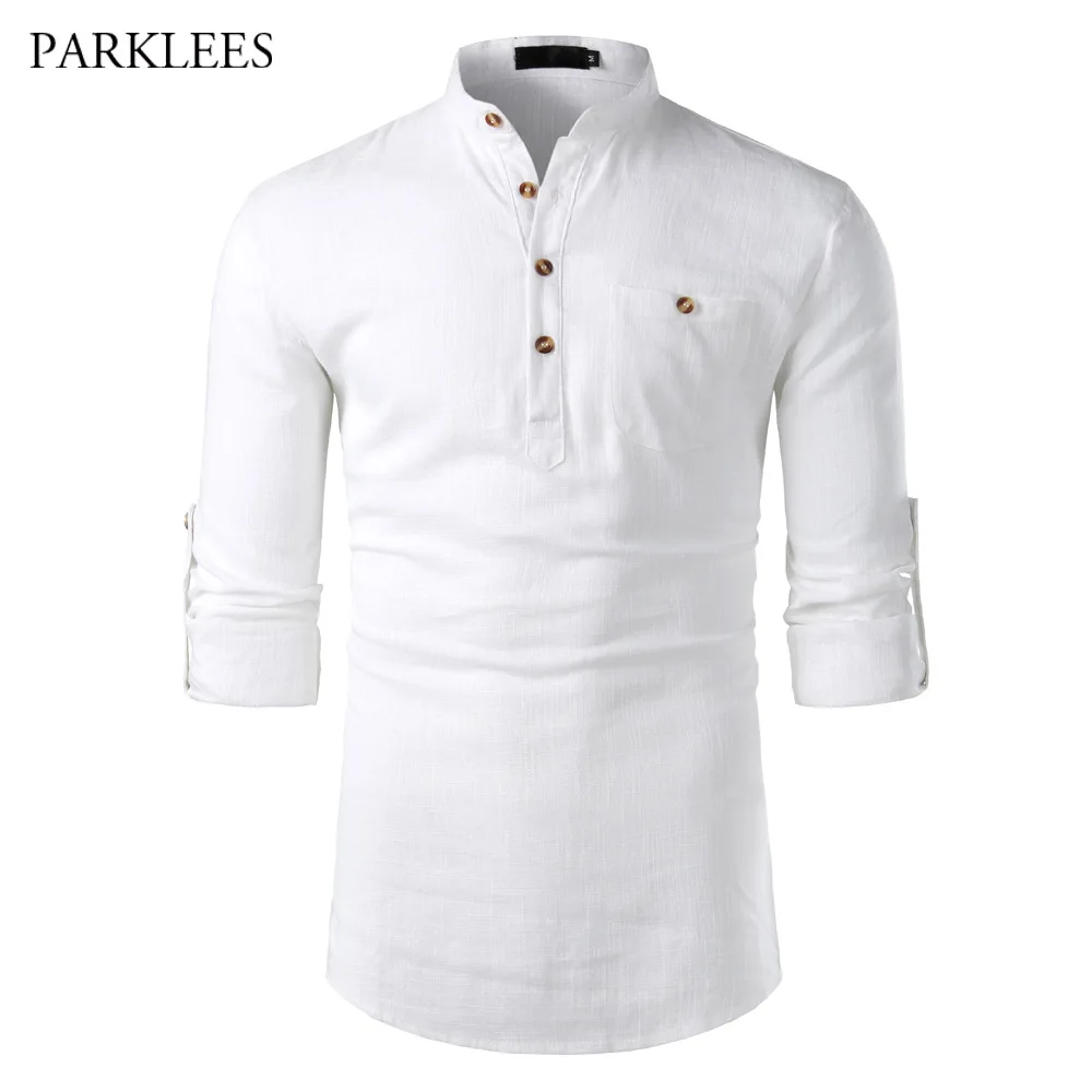 Мужская рубашка с воротником стойкой белая Повседневная деловая из хлопка и льна